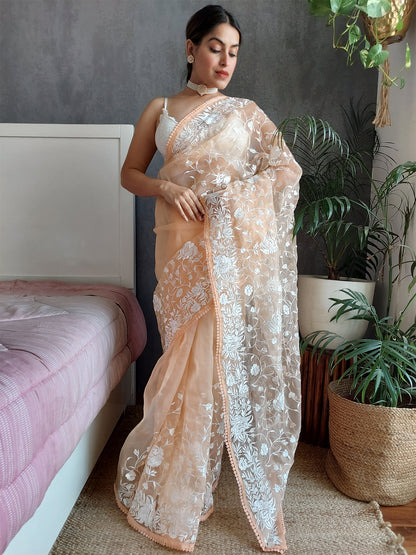 Rajwada - Peach Organza Embroidery Saree with Unstitched Blouse