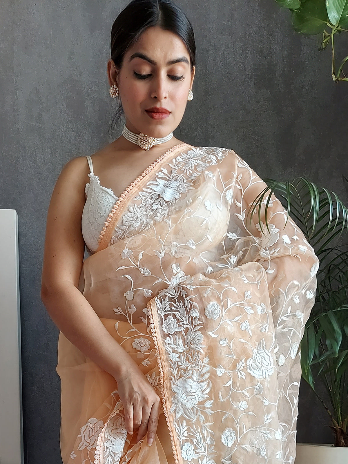 Rajwada - Peach Organza Embroidery Saree with Unstitched Blouse