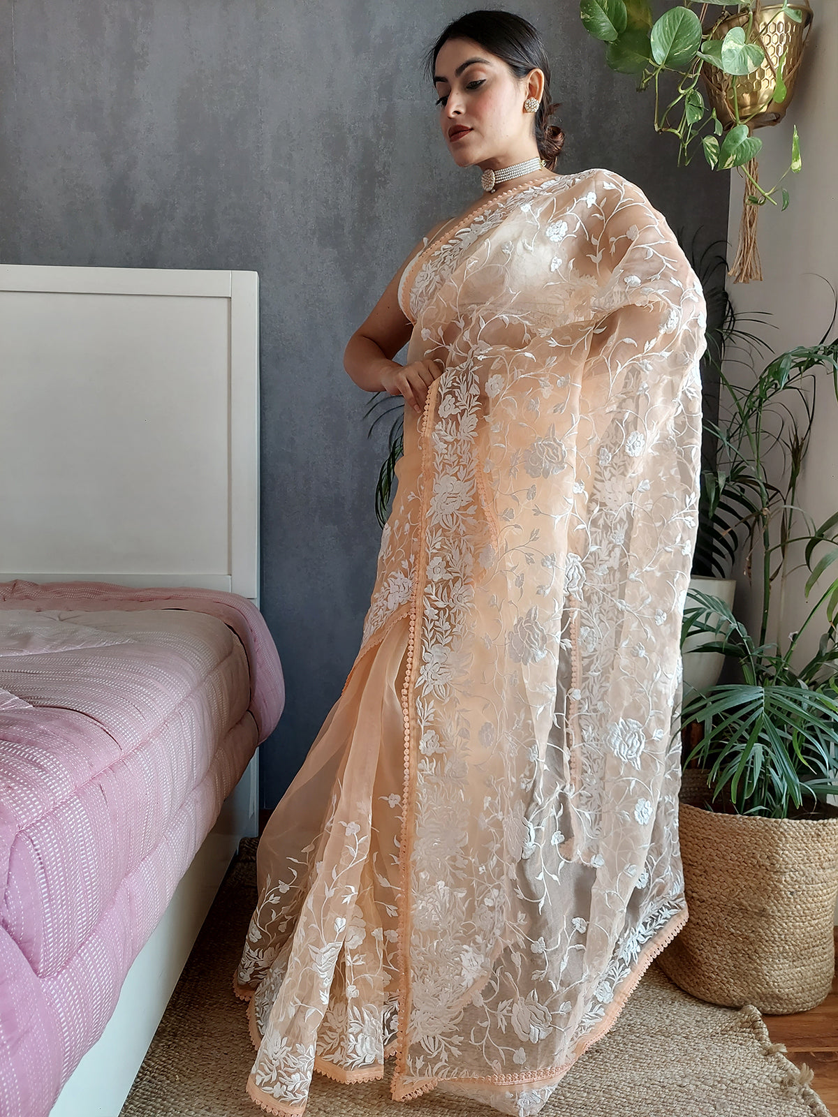 Rajwada - Peach Organza Embroidery Saree with Unstitched Blouse