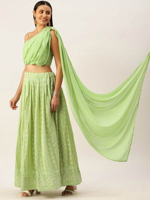 Rajwada - Green Georgette Embroidered Semi Stitched Lehenga Choli
