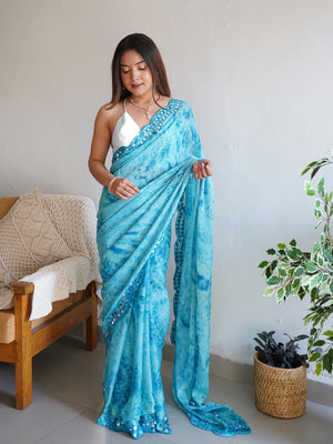 Rajwada Women Blue Satin Georgette Prism Print Saree With Unstitched Blouse