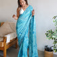 Rajwada Women Blue Satin Georgette Prism Print Saree With Unstitched Blouse