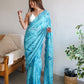 Rajwada Women Blue Satin Georgette Prism Print Saree With Unstitched Blouse