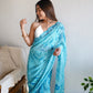 Rajwada Women Blue Satin Georgette Prism Print Saree With Unstitched Blouse