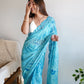 Rajwada Women Blue Satin Georgette Prism Print Saree With Unstitched Blouse