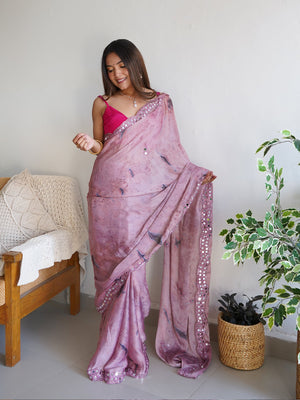 Rajwada - Lilac Satin Georgette Prism Print Saree with Unstitched Blouse