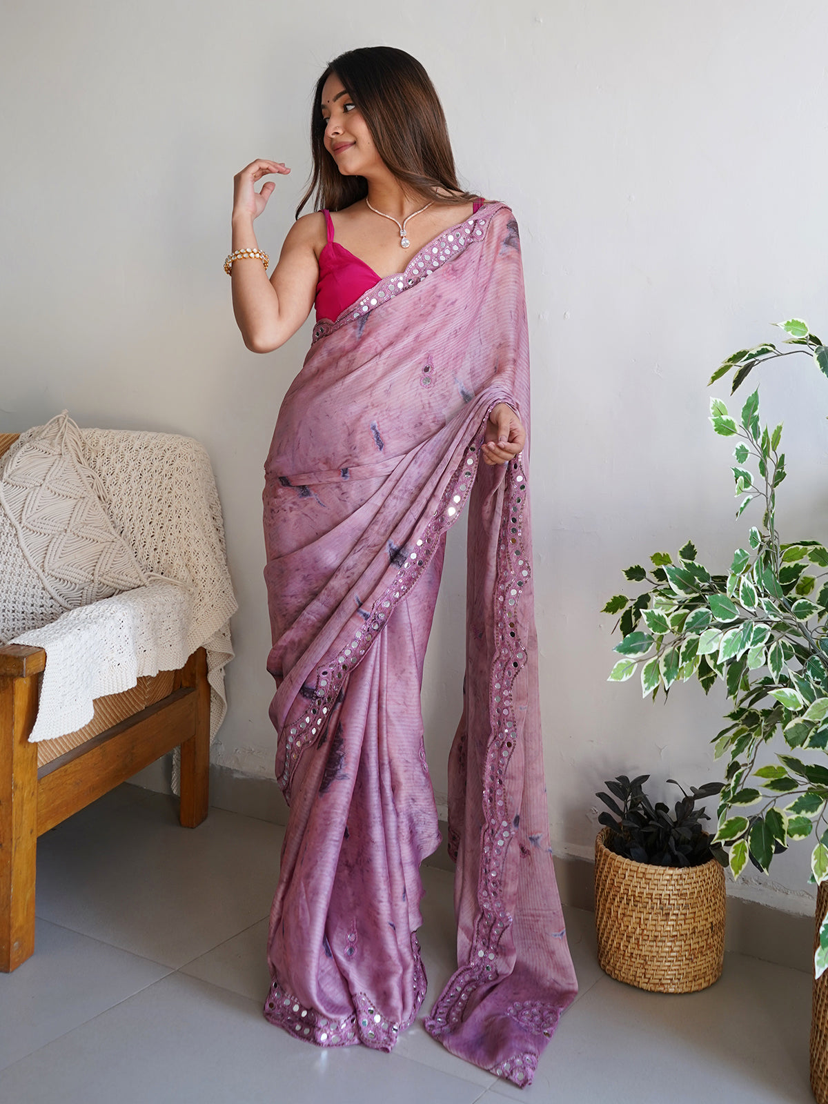 Rajwada - Lilac Satin Georgette Prism Print Saree with Unstitched Blouse