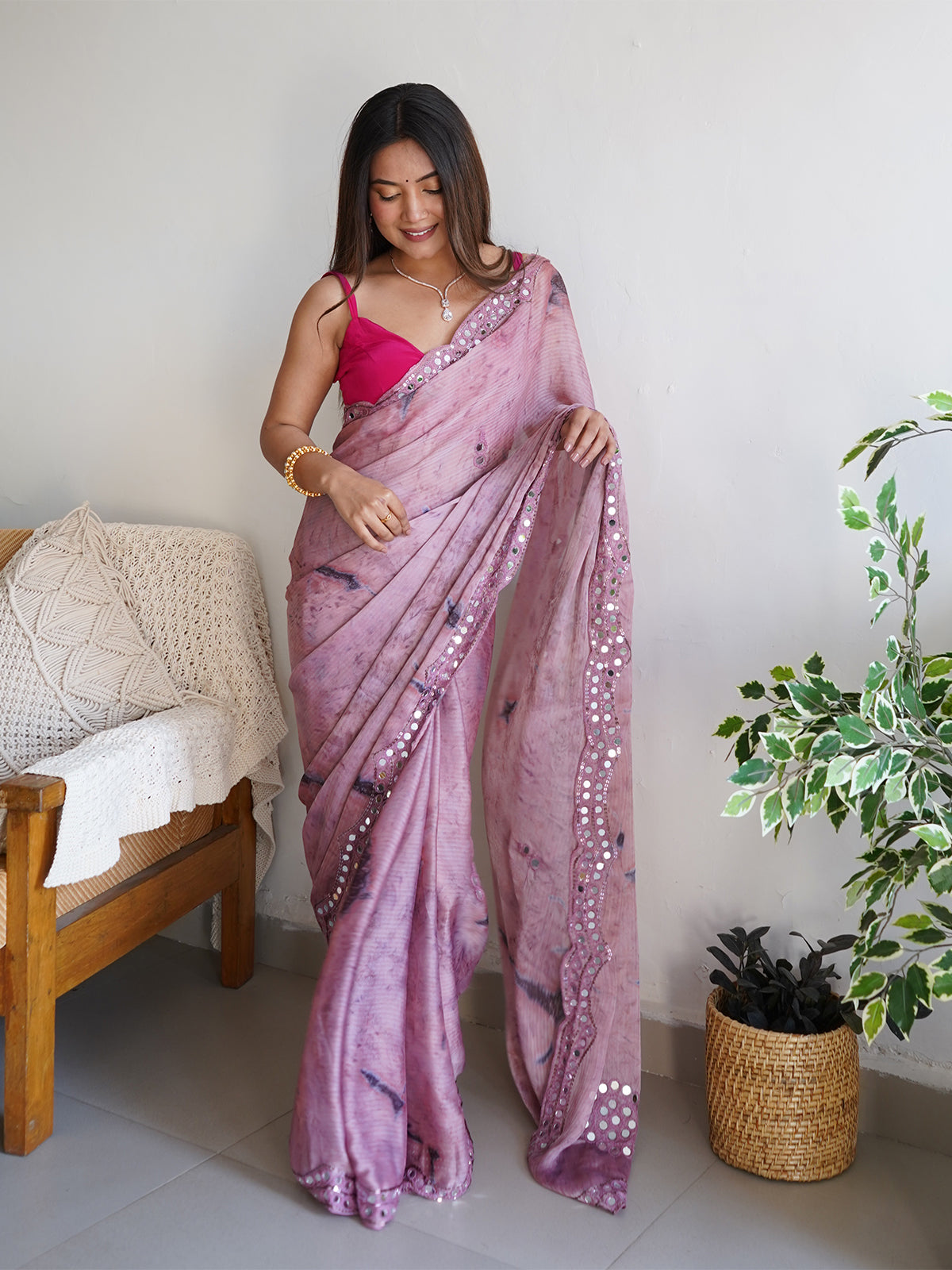 Rajwada - Lilac Satin Georgette Prism Print Saree with Unstitched Blouse