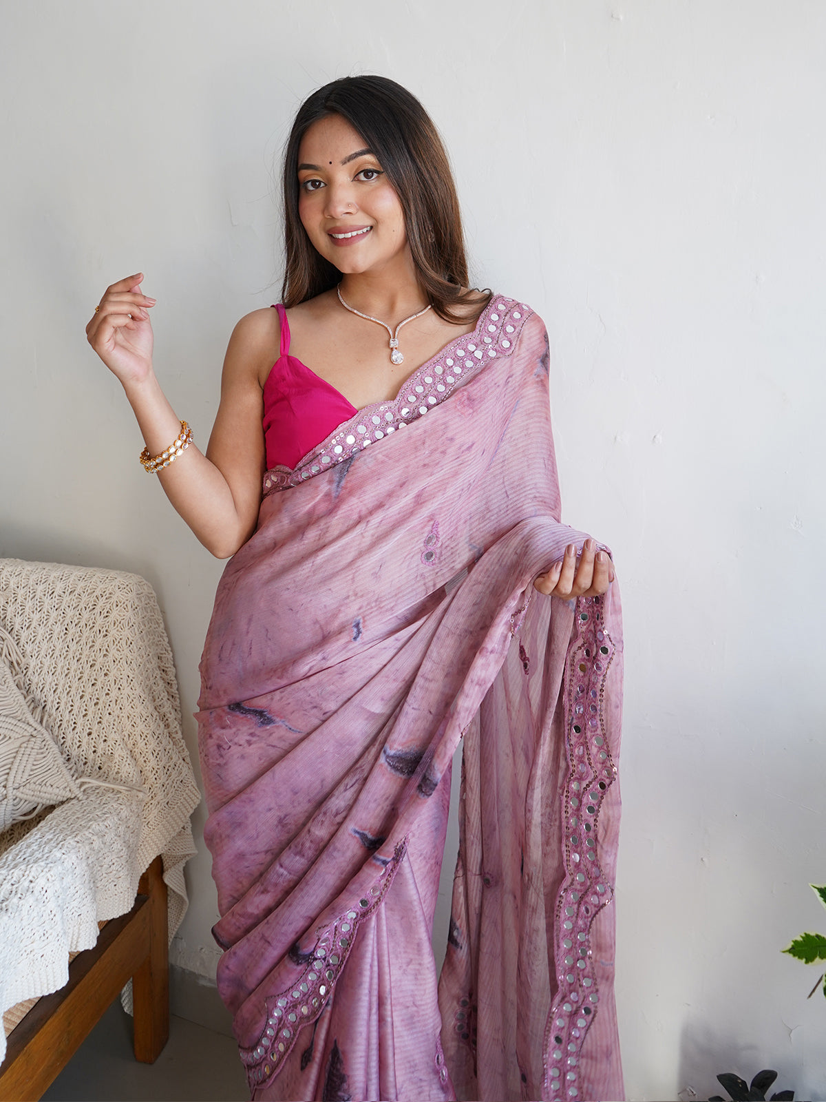 Rajwada - Lilac Satin Georgette Prism Print Saree with Unstitched Blouse