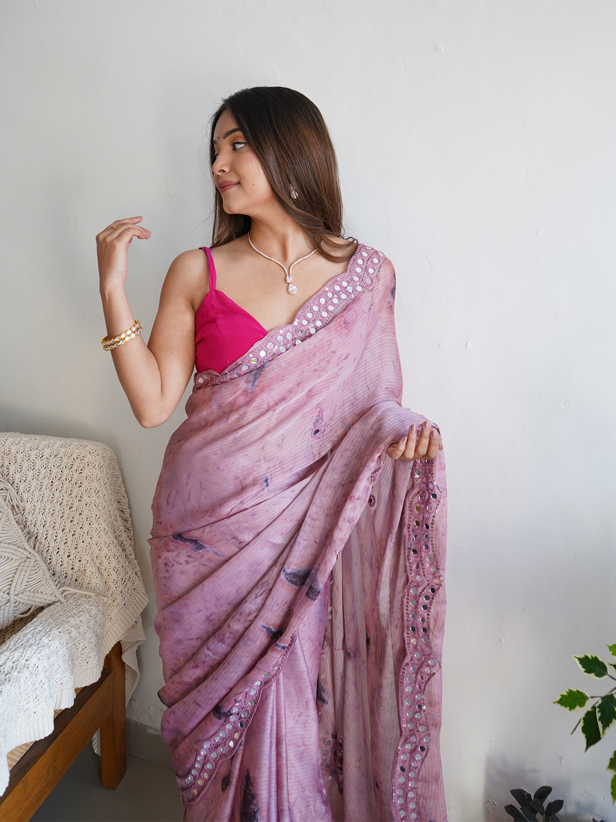 Rajwada - Lilac Satin Georgette Prism Print Saree with Unstitched Blouse