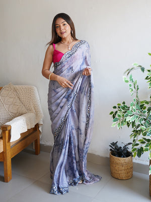 Rajwada - Grey Satin Georgette Prism Print Saree with Unstitched Blouse