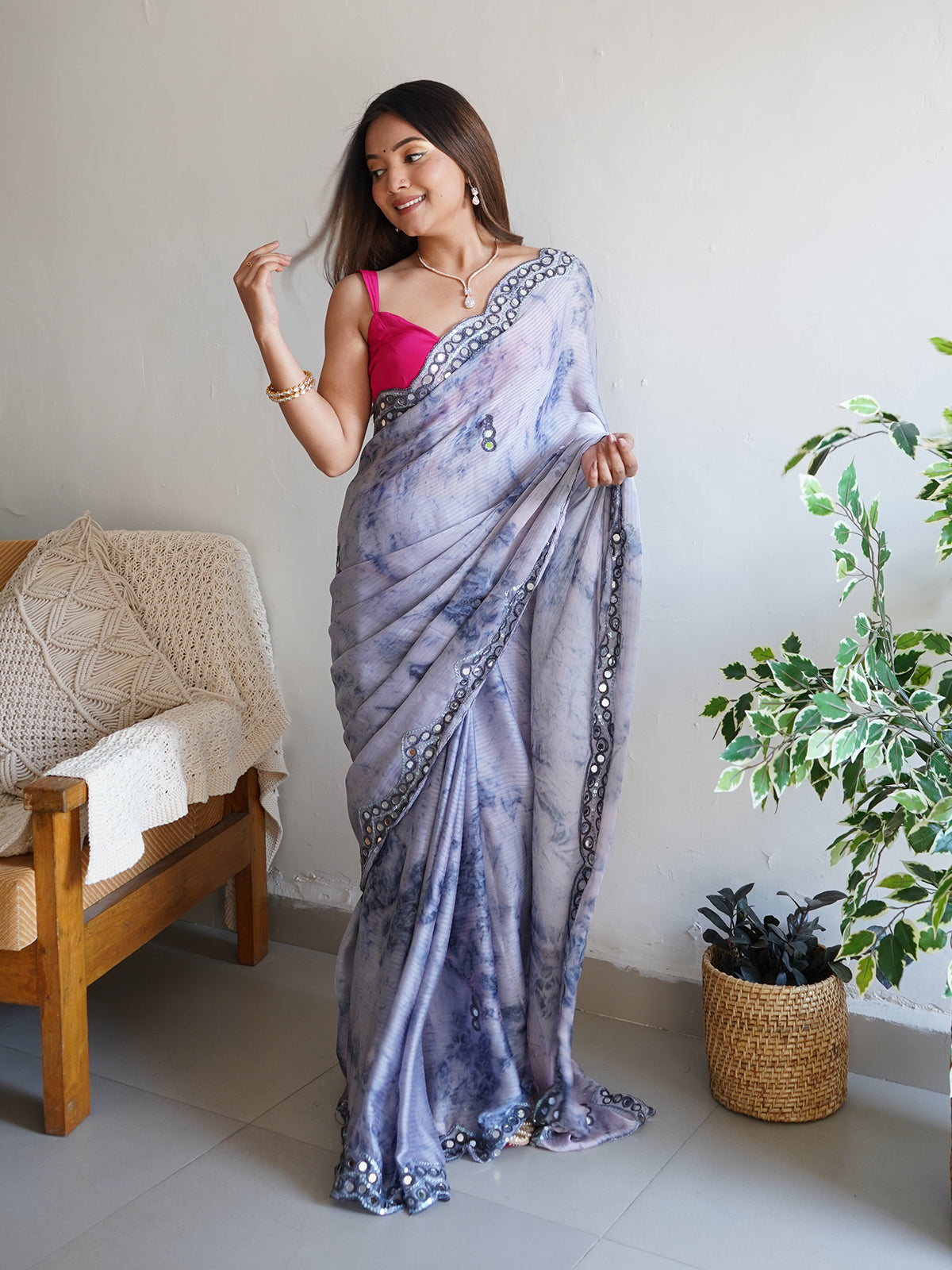 Rajwada - Grey Satin Georgette Prism Print Saree with Unstitched Blouse