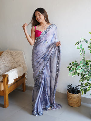 Rajwada - Grey Satin Georgette Prism Print Saree with Unstitched Blouse