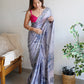 Rajwada - Grey Satin Georgette Prism Print Saree with Unstitched Blouse