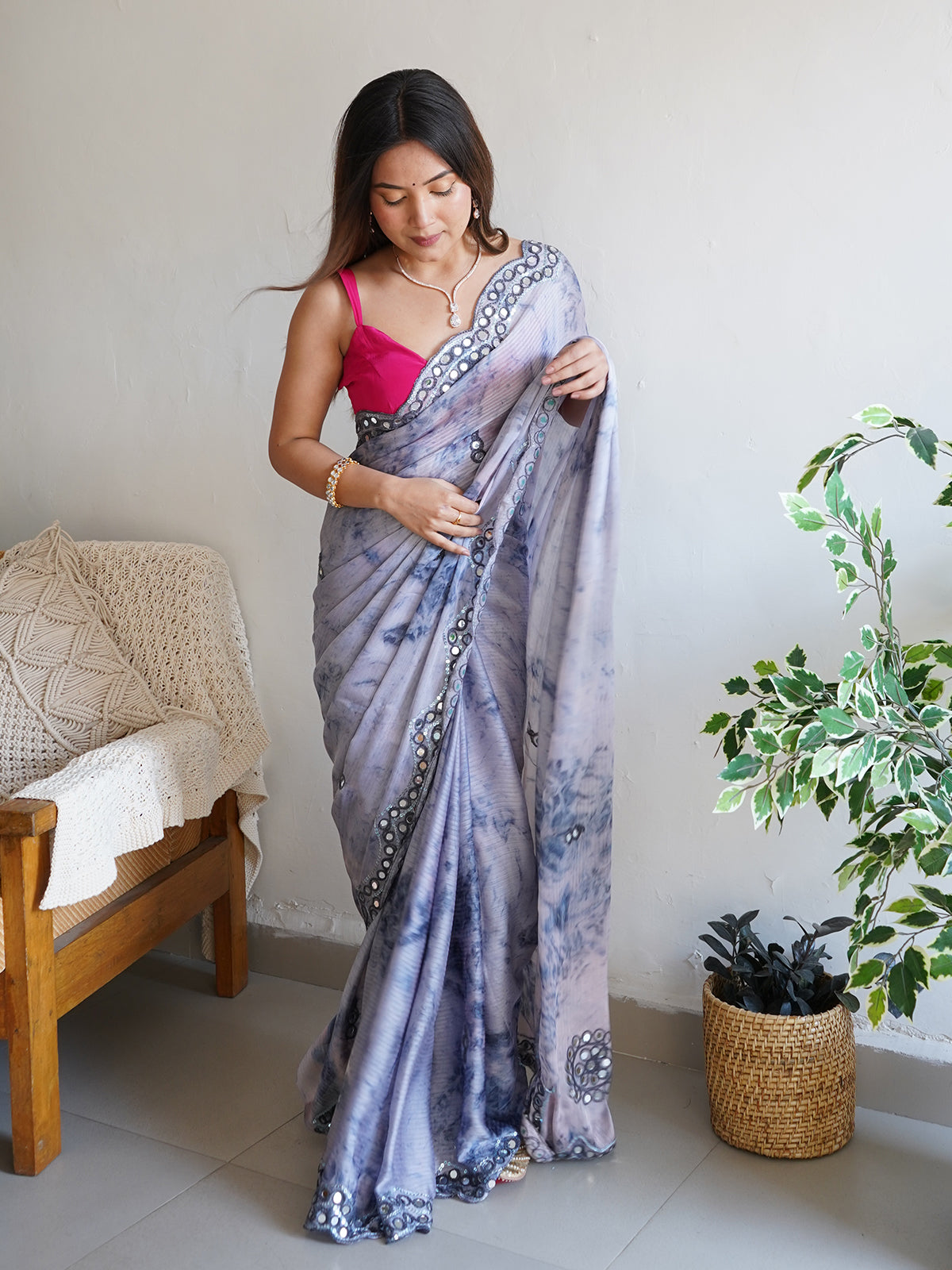 Rajwada - Grey Satin Georgette Prism Print Saree with Unstitched Blouse