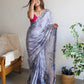 Rajwada - Grey Satin Georgette Prism Print Saree with Unstitched Blouse