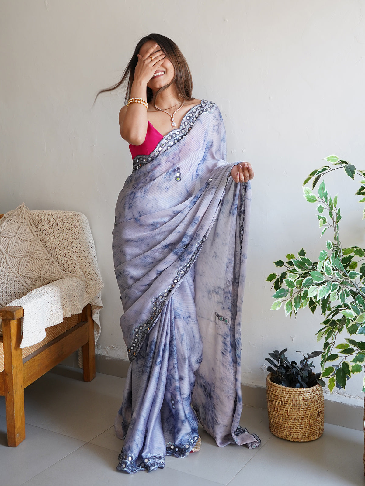 Rajwada - Grey Satin Georgette Prism Print Saree with Unstitched Blouse