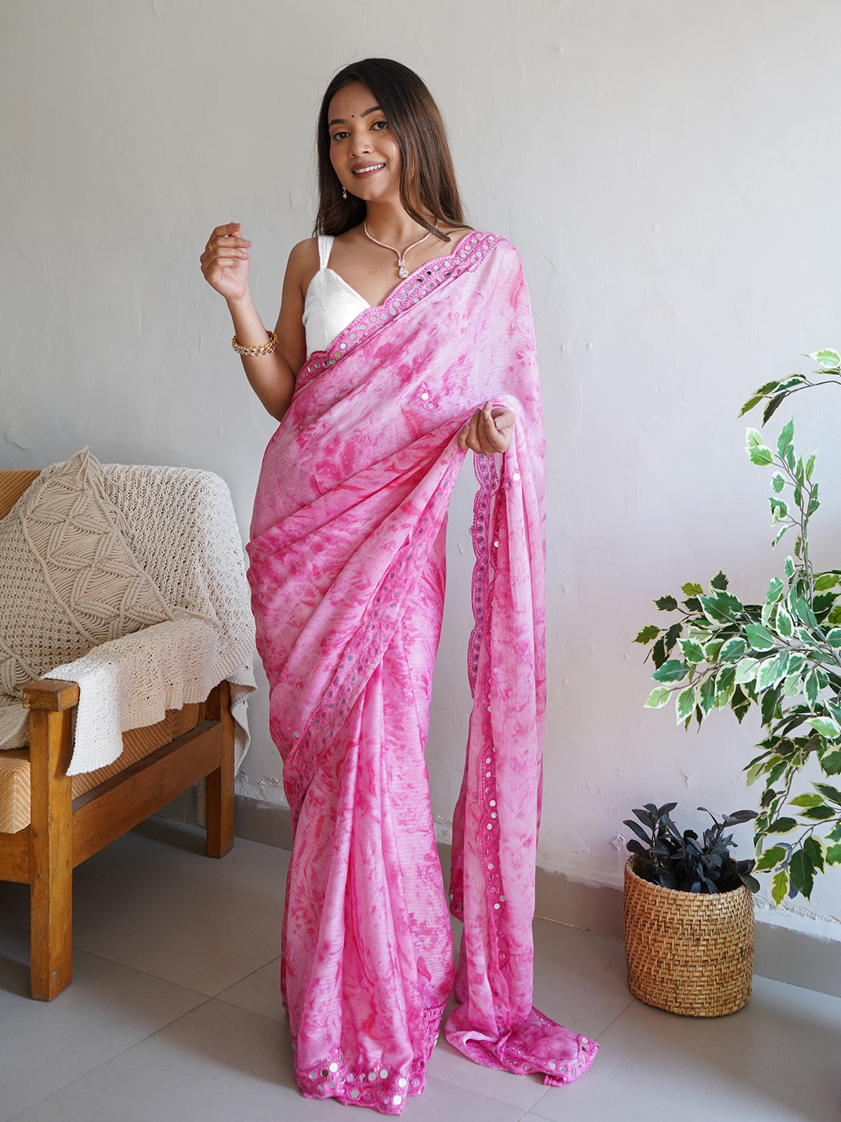Rajwada - Pink Satin Georgette Prism Print Saree With Unstitched Blouse