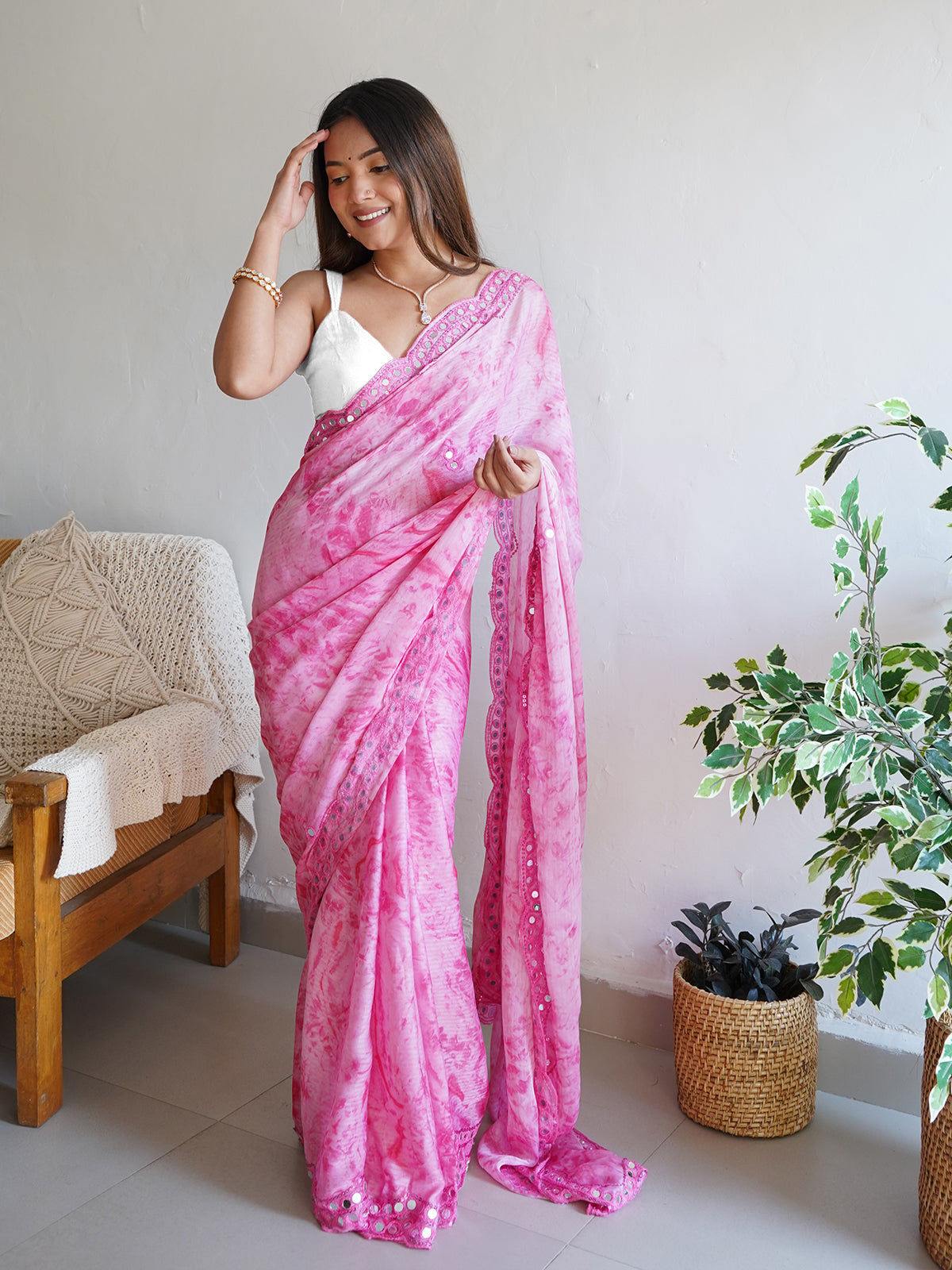 Rajwada - Pink Satin Georgette Prism Print Saree With Unstitched Blouse