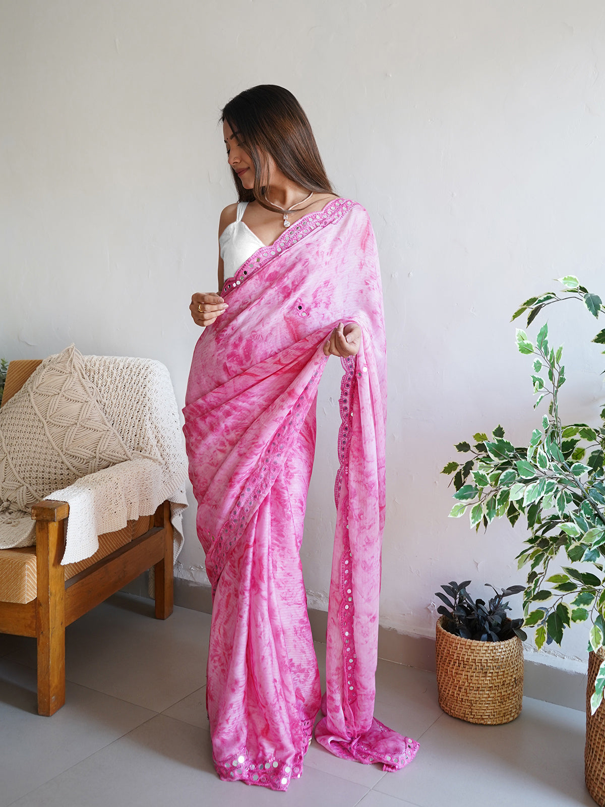 Rajwada - Pink Satin Georgette Prism Print Saree With Unstitched Blouse