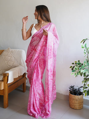 Rajwada - Pink Satin Georgette Prism Print Saree With Unstitched Blouse