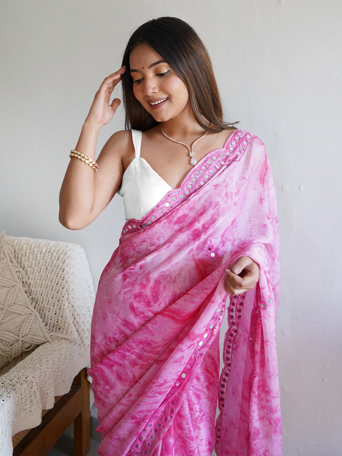 Rajwada - Pink Satin Georgette Prism Print Saree With Unstitched Blouse
