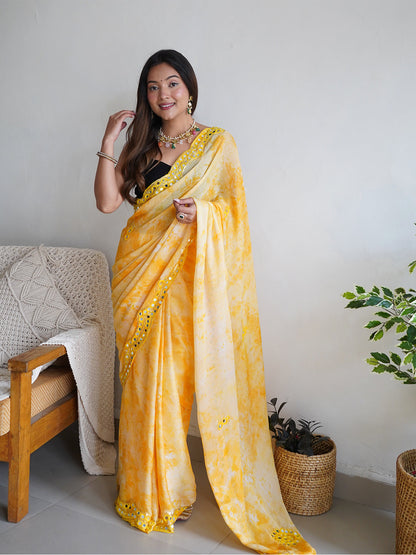 Rajwada - Yellow Satin Georgette Prism Print Saree with Unstitched Blouse