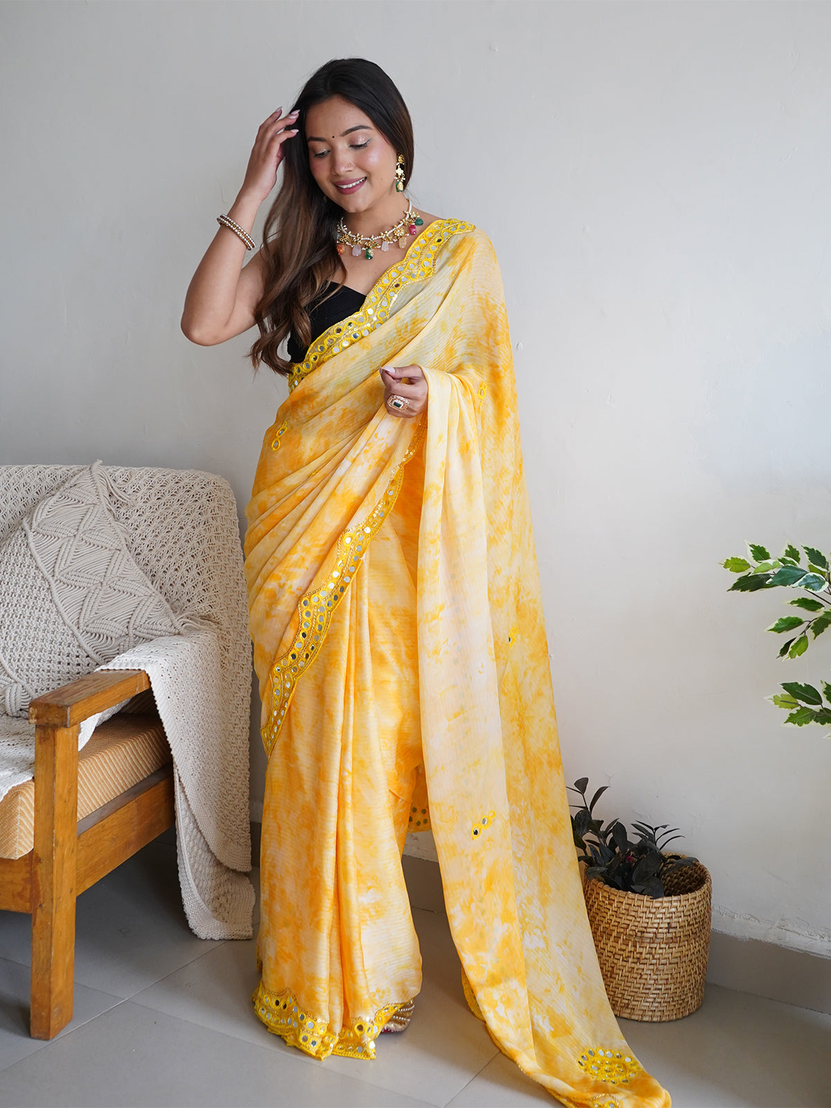 Rajwada - Yellow Satin Georgette Prism Print Saree with Unstitched Blouse