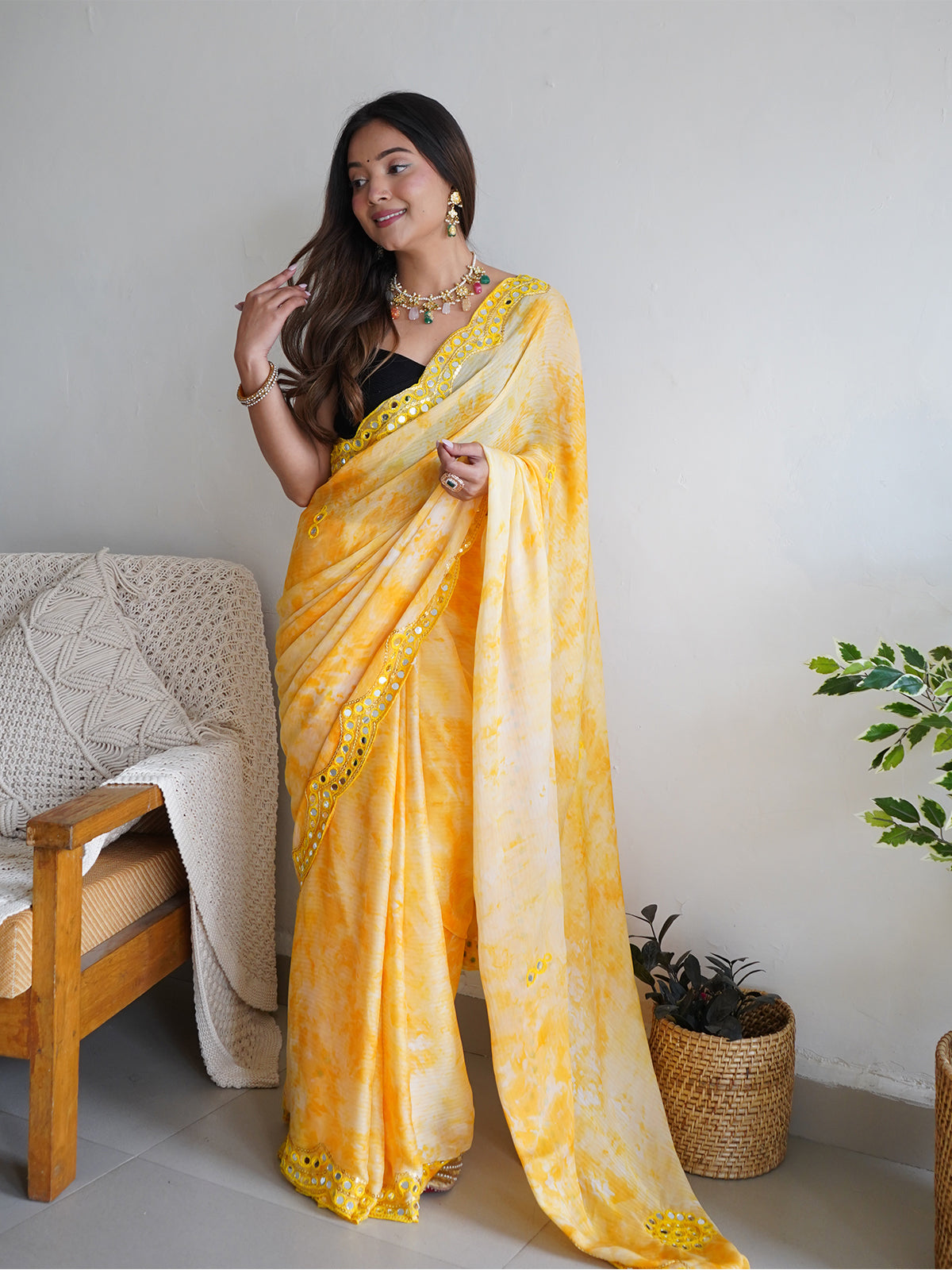 Rajwada - Yellow Satin Georgette Prism Print Saree with Unstitched Blouse