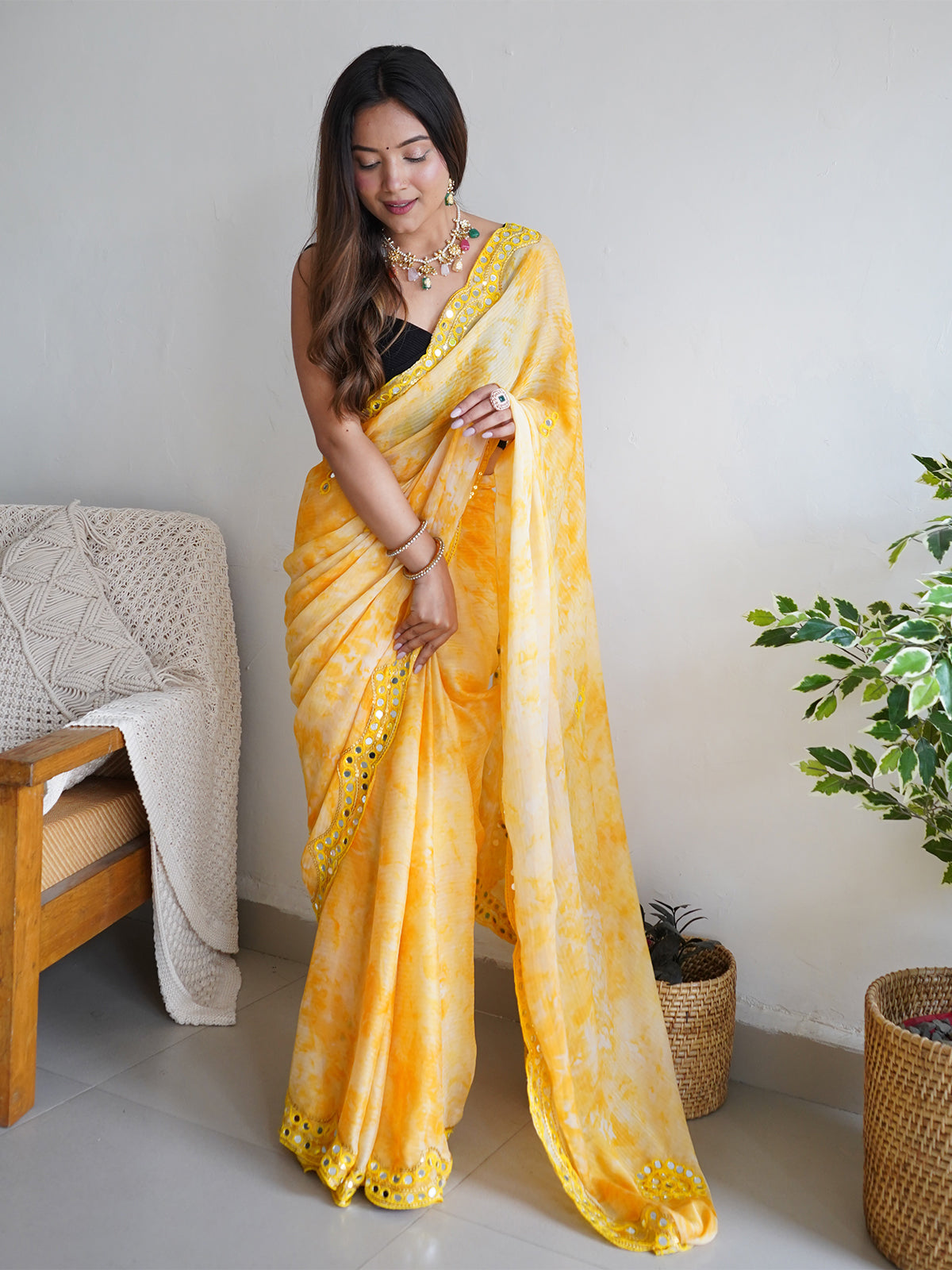 Rajwada - Yellow Satin Georgette Prism Print Saree with Unstitched Blouse