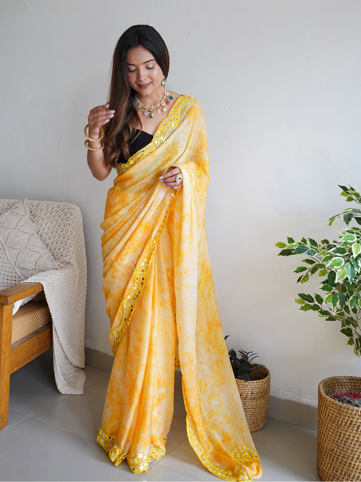 Rajwada - Yellow Satin Georgette Prism Print Saree with Unstitched Blouse
