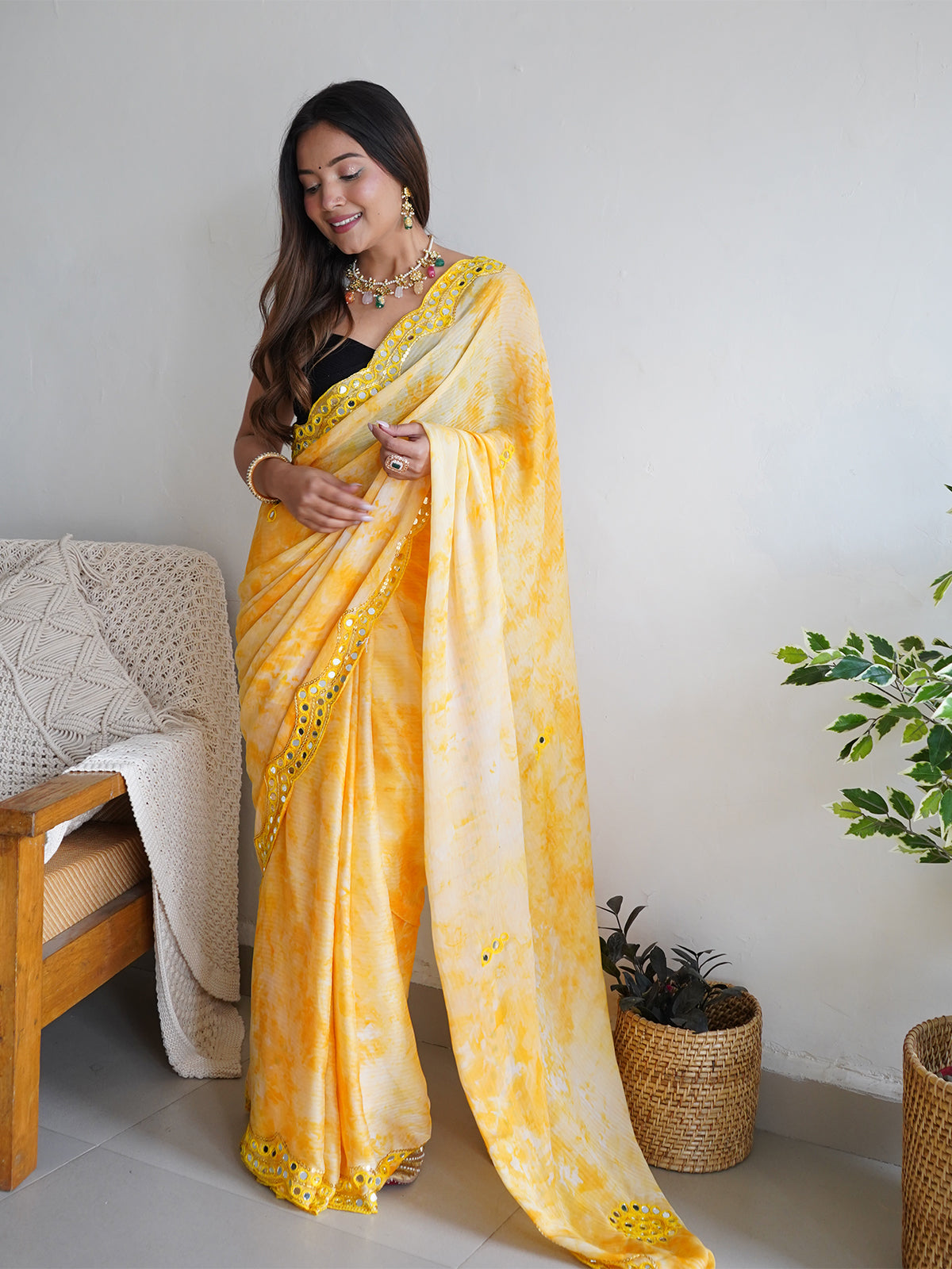 Rajwada - Yellow Satin Georgette Prism Print Saree with Unstitched Blouse