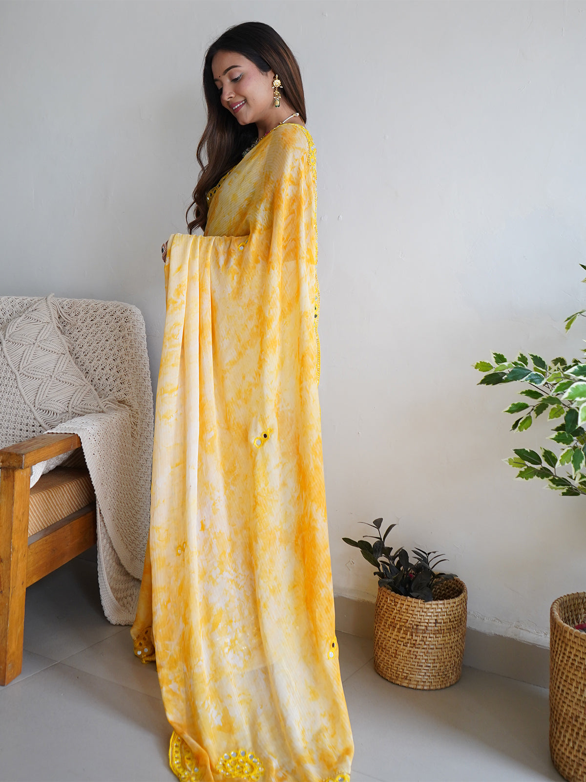 Rajwada - Yellow Satin Georgette Prism Print Saree with Unstitched Blouse