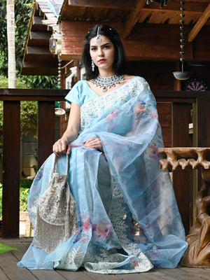 Rajwada - Light Blue Organza Floral Print Saree With Unstitched Blouse