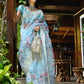 Rajwada - Light Blue Organza Floral Print Saree With Unstitched Blouse