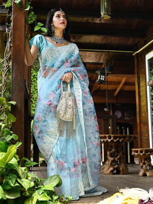 Rajwada - Light Blue Organza Floral Print Saree With Unstitched Blouse