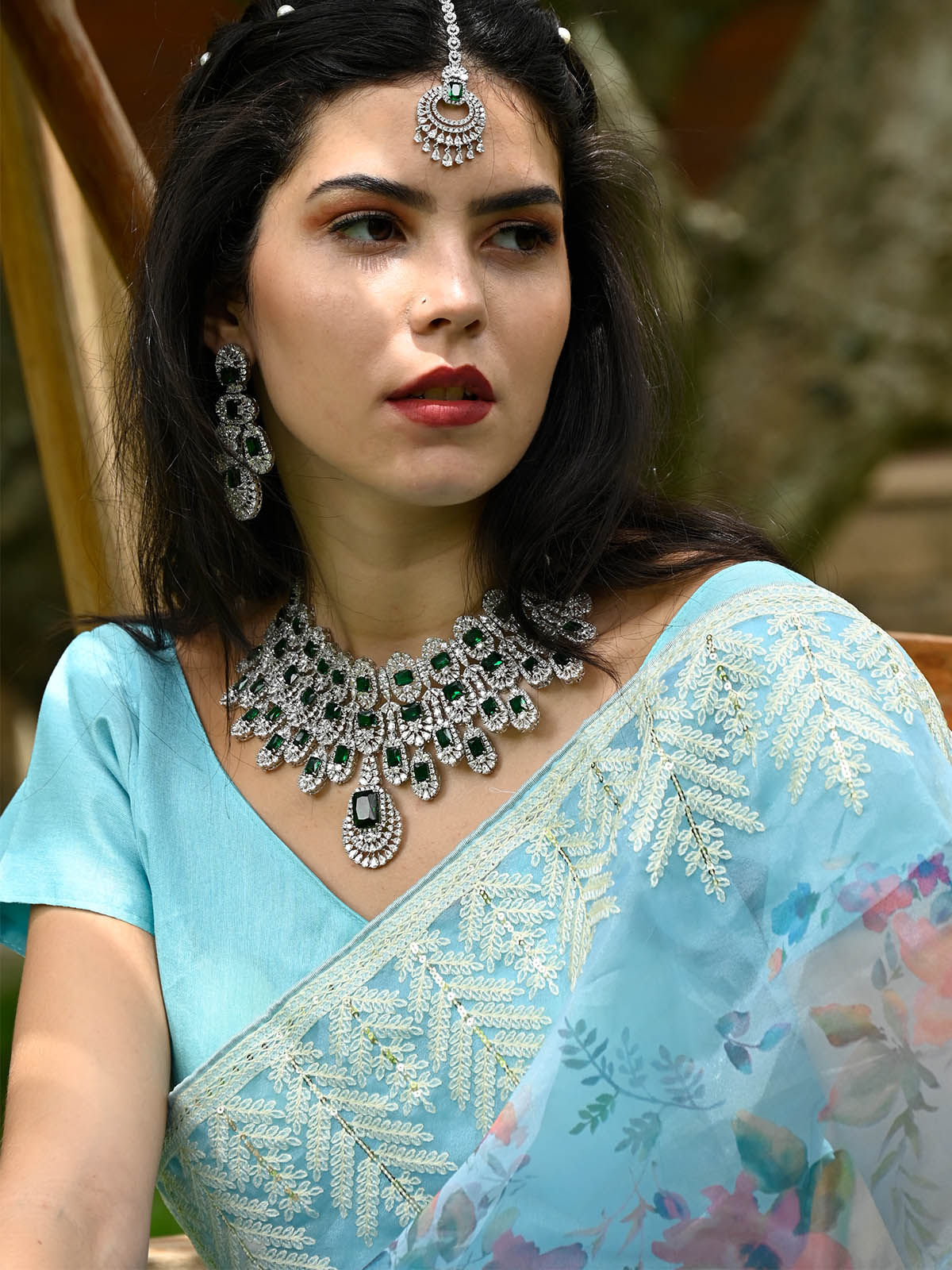 Rajwada - Light Blue Organza Floral Print Saree With Unstitched Blouse