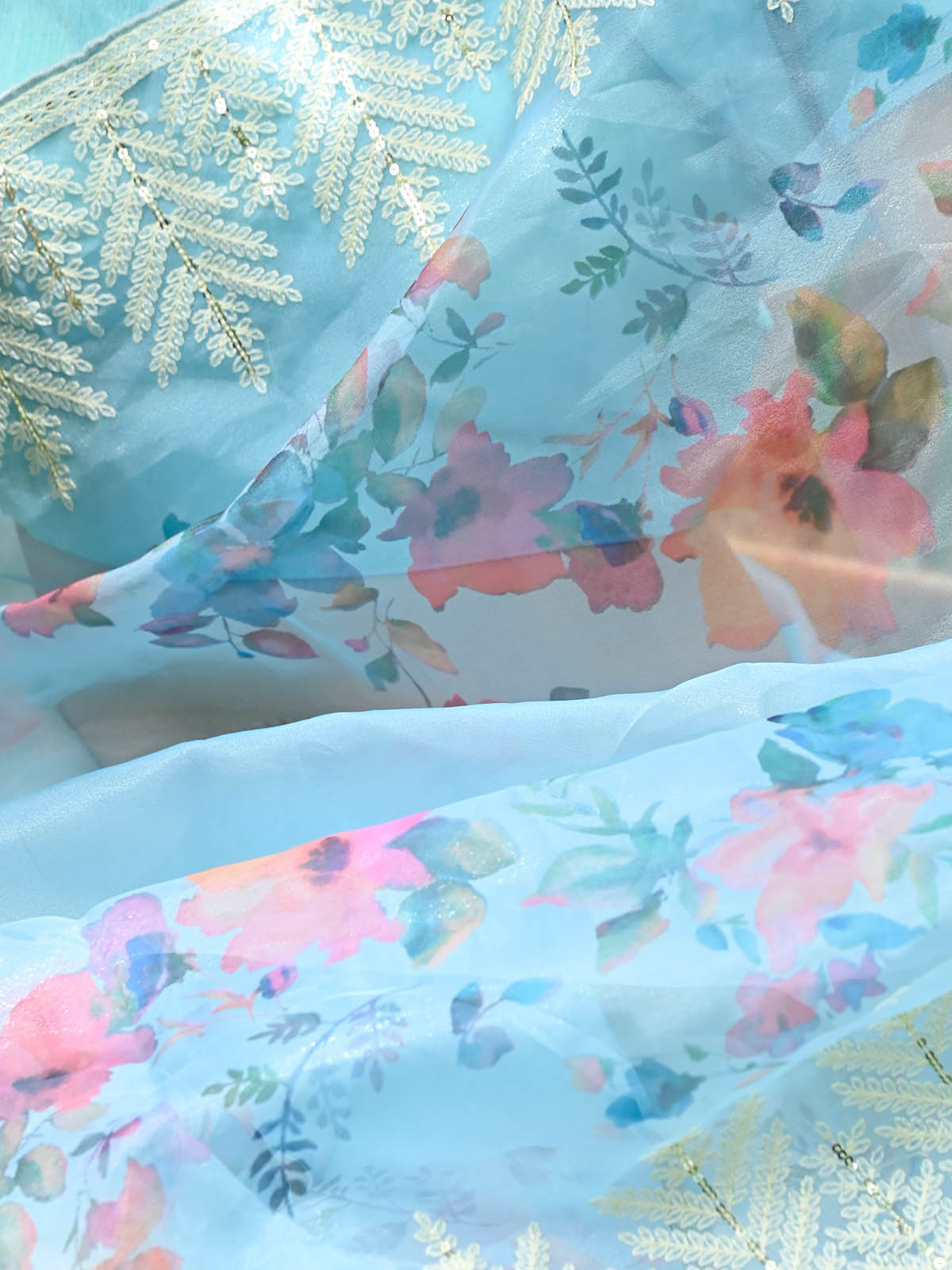 Rajwada - Light Blue Organza Floral Print Saree With Unstitched Blouse