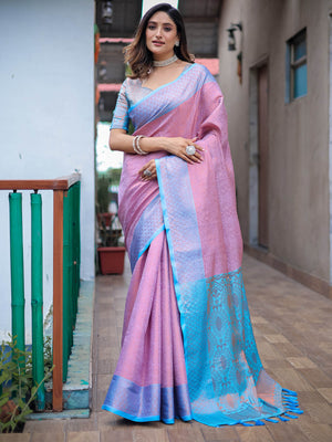 Pink Silk Blend Woven Saree With Unstitched Blouse