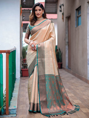 Off White Silk Blend Woven Saree With Unstitched Blouse