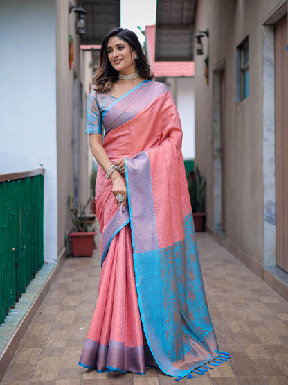 Pink Silk Blend Woven Saree With Unstitched Blouse