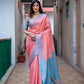 Pink Silk Blend Woven Saree With Unstitched Blouse