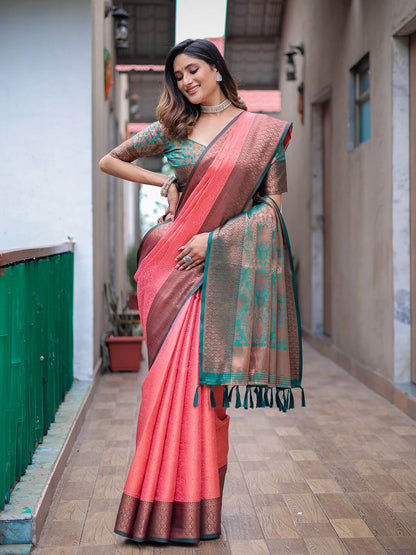 Orange Silk Blend Woven Saree With Unstitched Blouse