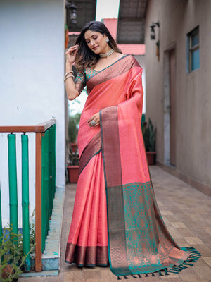 Orange Silk Blend Woven Saree With Unstitched Blouse