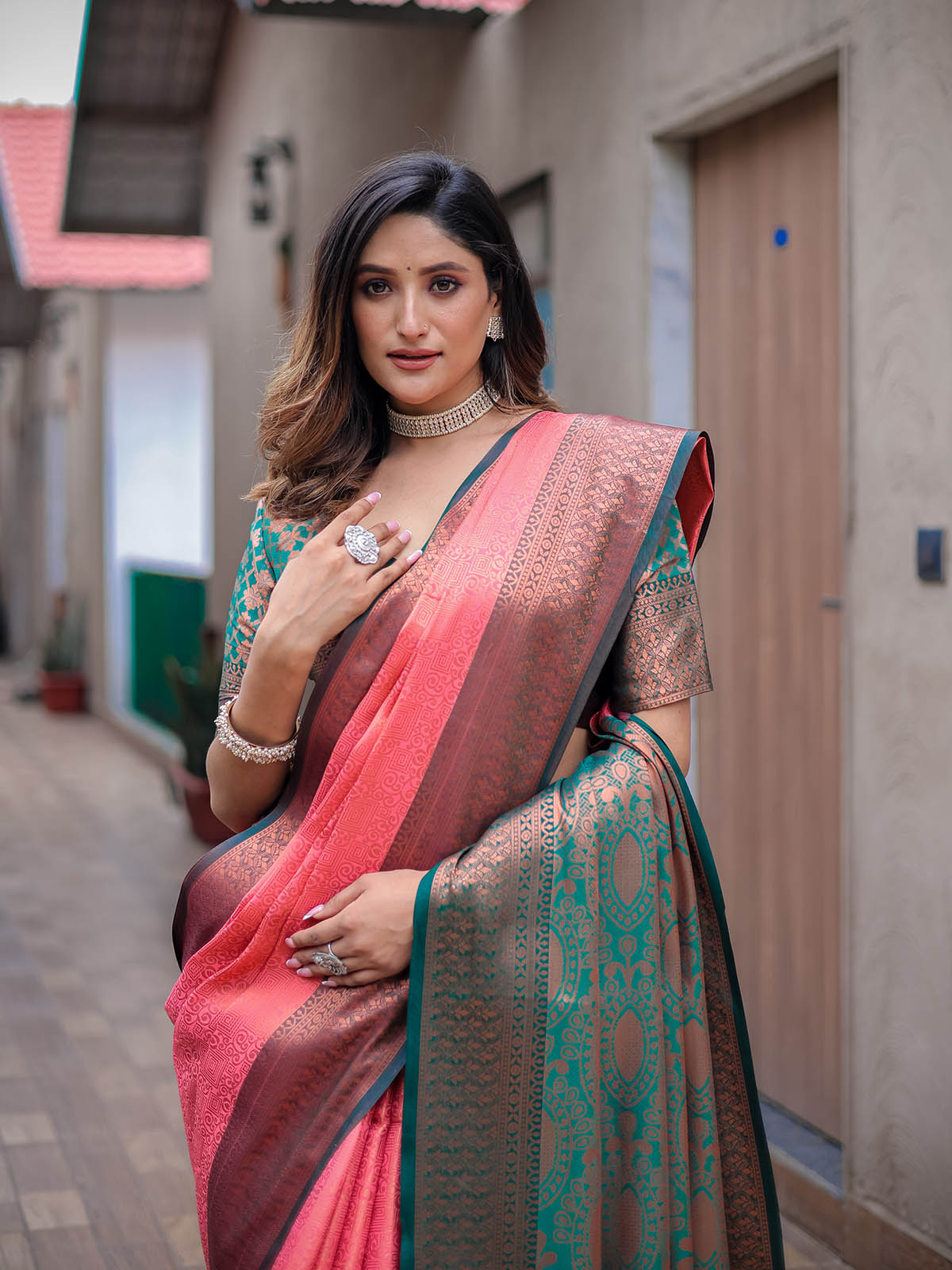 Orange Silk Blend Woven Saree With Unstitched Blouse