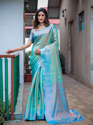 Blue Silk Blend Woven Saree With Unstitched Blouse