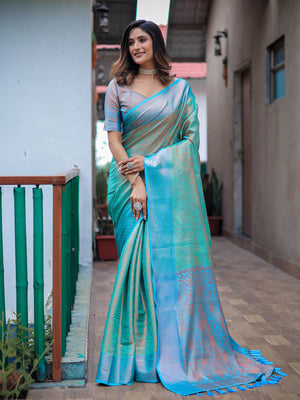 Blue Silk Blend Woven Saree With Unstitched Blouse