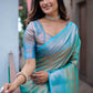 Blue Silk Blend Woven Saree With Unstitched Blouse