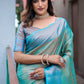 Blue Silk Blend Woven Saree With Unstitched Blouse
