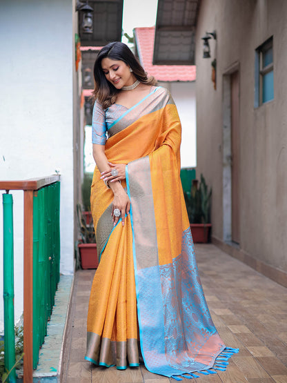 Yellow Silk Blend Woven Saree With Unstitched Blouse
